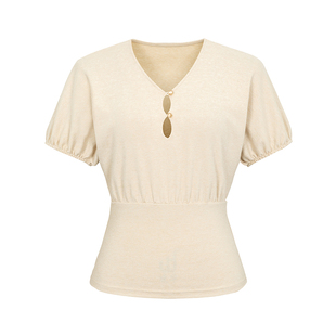 dorydory 细闪花苞袖镂空V领短袖T恤收腰短款独特绝美夏日小上衣