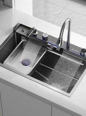 家用304不锈钢厨房洗菜盆水槽纳米飞雨大单槽抽拉式洗碗池数显