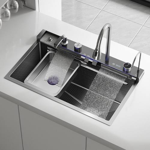 家用304不锈钢厨房洗菜盆水槽纳米飞雨大单槽抽拉式洗碗池数显