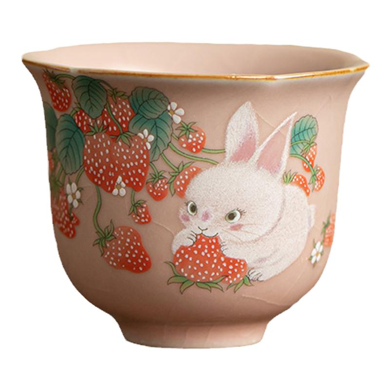 粉色汝窑草莓兔主人杯客杯品茗杯
