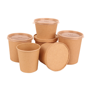 牛皮纸汤桶粥碗杯一次性商用外卖圆形打包盒带盖PP加厚防水可定制