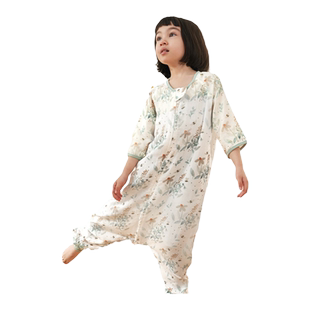 安旦2024年春夏新款七分袖睡袋 儿童双层竹棉纱布分腿连体衣睡袋