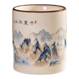 千里江山陶瓷仿古笔筒中国风五牛图艺术感书法笔插办公室桌面古风