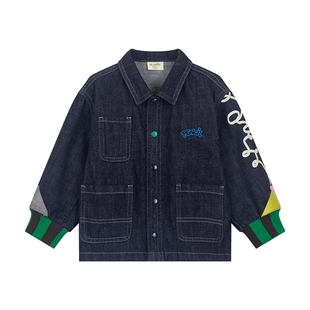 马拉丁童装儿童外套秋男童小童撞色印花牛仔外套