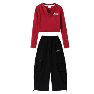 儿童爵士舞演出服女童韩舞kpop女团酒红甜酷星星露腰上衣街舞套装