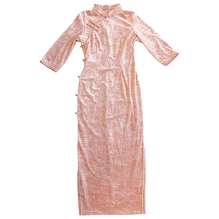 妖精的衣见钟情新中式国风粉色高级丝绒旗袍连衣裙秋冬长袖年轻款