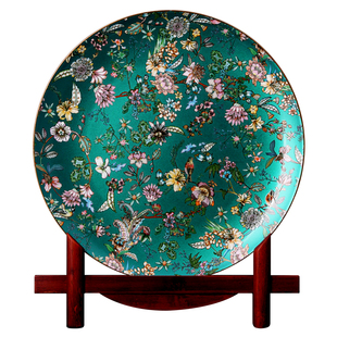 德罗嘉骨瓷看盘赏盘木座盘珐琅彩瓷盘挂盘摆盘书房中式装饰摆件