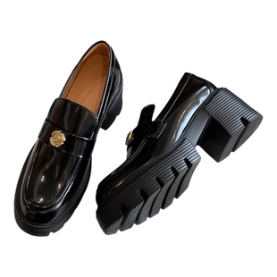 牛皮版~厚底乐福鞋女SW英伦风山茶花金币小皮鞋增高真皮粗跟单鞋