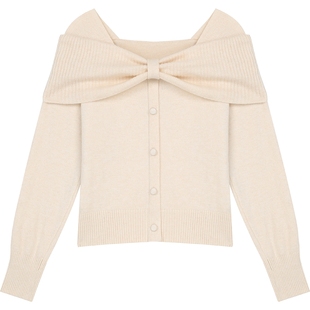 妖精的口袋大蝴蝶结亮闪一字肩红色毛衣女2025年冬季新款新年穿搭