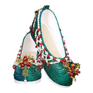 现货 七月荷汉服鞋手工串珠内增高布鞋古装秀禾婚鞋绿色明制中式