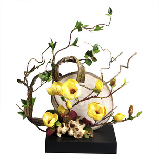 晶华造花原创树根木棉花仿真花艺套装 高档餐厅酒店玄关橱窗摆件