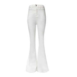 杨杨 白色微喇叭牛仔裤女春秋高个子修身分割线显瘦弹力毛边长裤