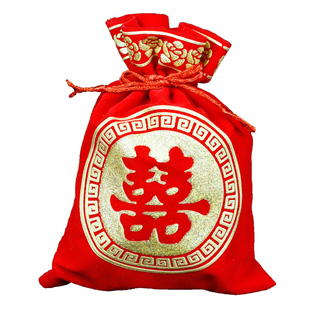 结婚喜糖袋纱袋婚庆用品锦缎抽绳婚礼喜字丝绒袋满月鸡蛋网袋新品