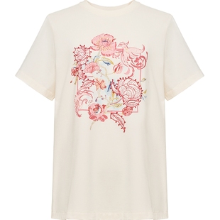 EP雅莹2026早春新款女装 简约纯棉印花刺绣宽松圆领短袖T恤5321A