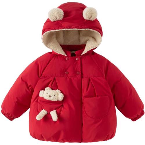 戴维贝拉冬款宝宝羽绒服女童防水加厚外套女宝宝小熊新年红色衣服