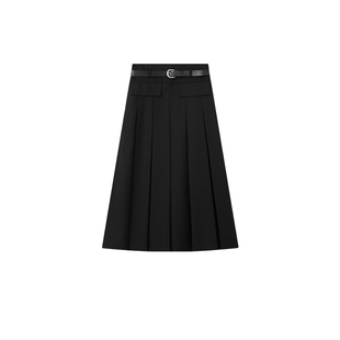 白鹿语时尚压褶A字裙秋冬款可拆卸腰带减龄学院风长款百褶半身裙