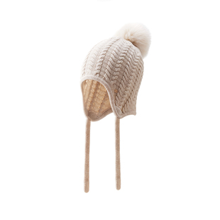 Lagur＜雪绒花＞羊毛真狐狸毛球护耳绑带针织毛线帽女冬保暖帽子