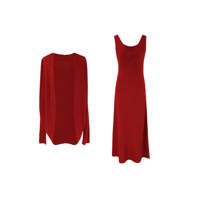 SYT自制 秋季高级感华夫格高品质修身显瘦A字针织开衫连衣裙套装