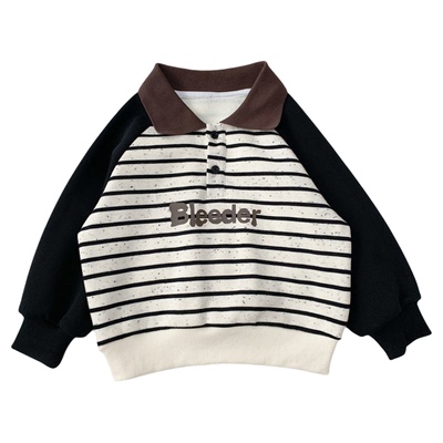 秋冬男孩纯棉撞色条纹加绒卫衣潮