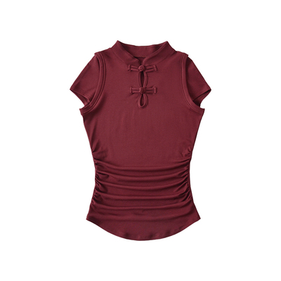 新中式盘扣褶皱收腰短袖T恤上衣