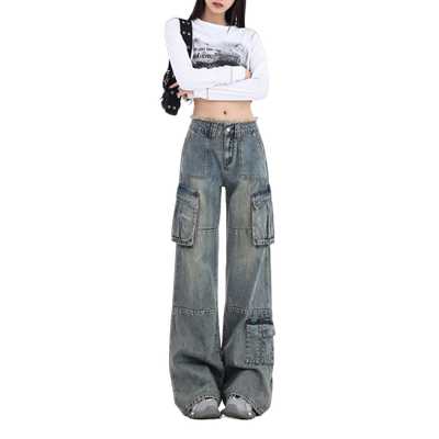 worxurnn/无须美式复古工装牛仔裤女毛边高腰时尚显瘦百搭阔腿裤