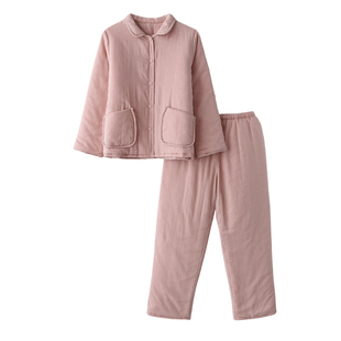 纯棉纱布空气棉睡衣女秋冬季加厚保暖棉袄棉裤三层格子家居服套装