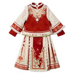 汉服女童冬款儿童中国风红色喜庆拜年服女孩加厚新中式马面裙套装