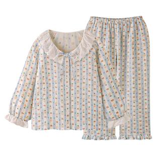 「轻柔舒爽」清新纯棉泡泡纱睡衣女春秋2026年新款长袖家居服套装