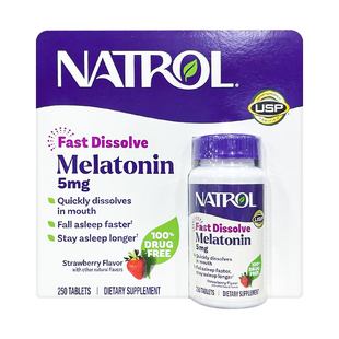 美国直邮Natrol Melatonin褪黑素松果体素5mg助眠速溶草莓味250粒