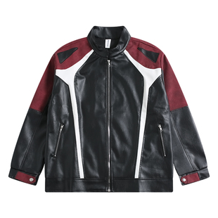 BOYUE帛跃美式机车拼接高级感皮衣高街男时尚炸街痞帅赛车服外套