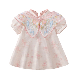 [7A抗菌]女童新中式连衣裙幼童粉色A字裙国风夏装潮3宝宝夏天裙子