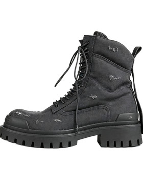 废土风做旧破洞帆布高帮马丁靴男