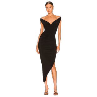 花三三同款 Norma Kamali露肩长裙REVOLVE小众收腰性感开叉连