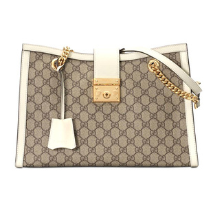 9.9新Gucci/古驰Padlock帆布拼皮乌木色/白色女款中号单肩包