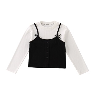 女童假两件高端t恤韩范春秋儿童短款洋气女大童早秋修身长袖上衣