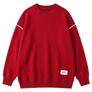 红色青少年毛衣男孩秋冬季新款男装士大童潮牌加厚保暖针织打底衫