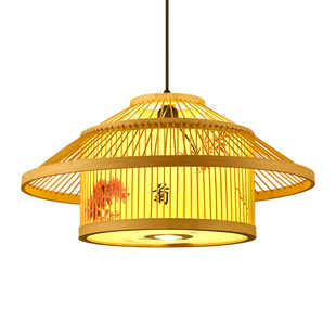 新中式餐厅饭店包间竹编吊灯复古风餐饮店铺专用带射灯竹艺房子灯