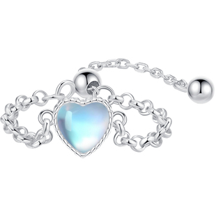 MODIAN摩典S925纯银合成月光石爱心戒指女小众甜美心形可调节链戒