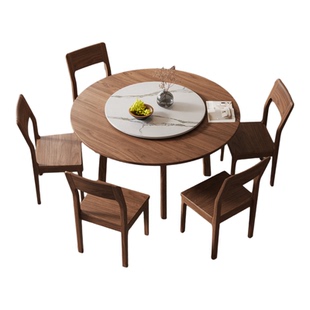 黑胡桃木实木圆桌中古风2026新款复古加带转盘餐桌客厅家用饭桌