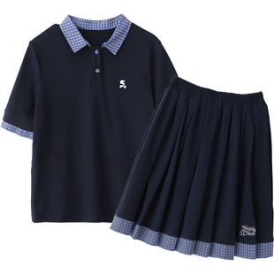 诺诺公主S1N初中生夏季polo学院套装女青少年格子撞色上衣半身裙