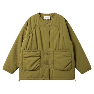 绿色韩版宽松慵懒风长袖棉服外套女冬季新款褶皱圆领加厚保暖上衣