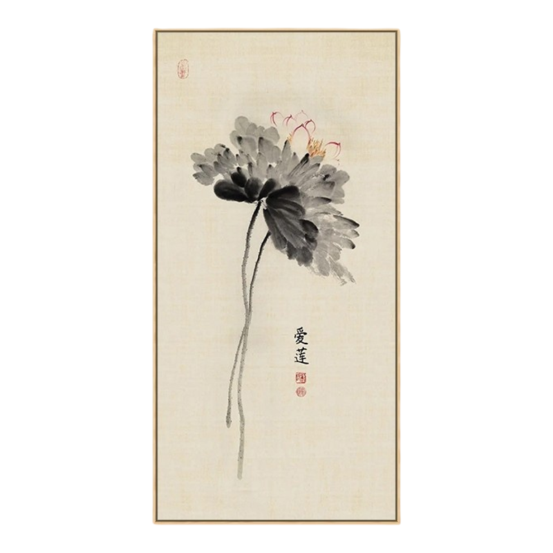 新中式水墨荷花玄关装饰画走廊尽头竖版壁画客厅茶室挂画背景墙画