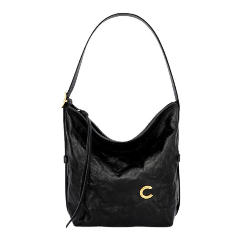 【圣诞礼物】卡思乐小水桶包2026新款褶皱植鞣黑色单肩斜挎包