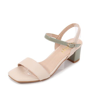 真皮女鞋高跟凉鞋女夏季2026年新款中跟粗跟仙女风一字带方头百搭