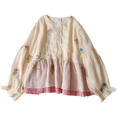 衬衫 熊姑娘森日系刺绣花拼接格子双层下摆宽松长袖上衣女0678813