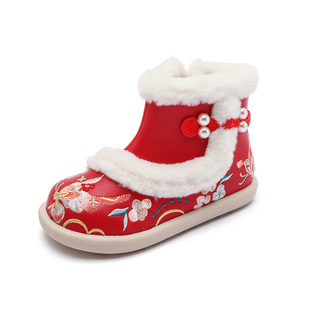 汉服鞋女童冬季加绒绣花新款雪地靴儿童新中式配马面裙古风拜年鞋