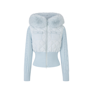 Sun雅乔【小蛮腰】冬季修身长袖毛领连帽短款蓝色羽绒服外套女