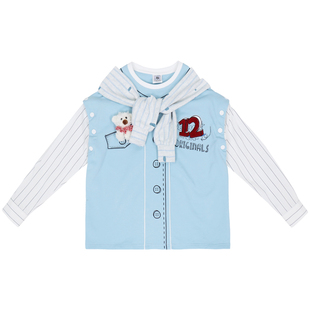 26春运动少女涂鸦印花宽松条纹披肩可拆卸衬衫袖蓝色长袖球服卫衣