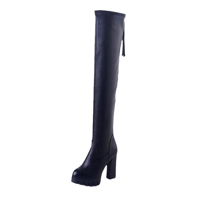 2023新款冬季加绒长筒靴女过膝长靴皮面高跟显瘦粗跟高筒靴子皮靴