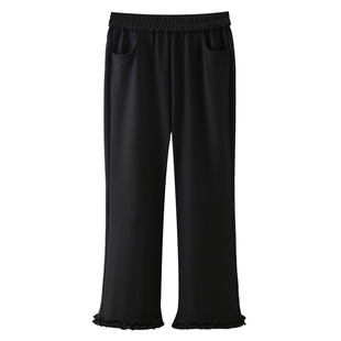 加绒裤子女大码秋冬2025新款胖妹mm200斤松紧腰木耳花边微喇叭裤